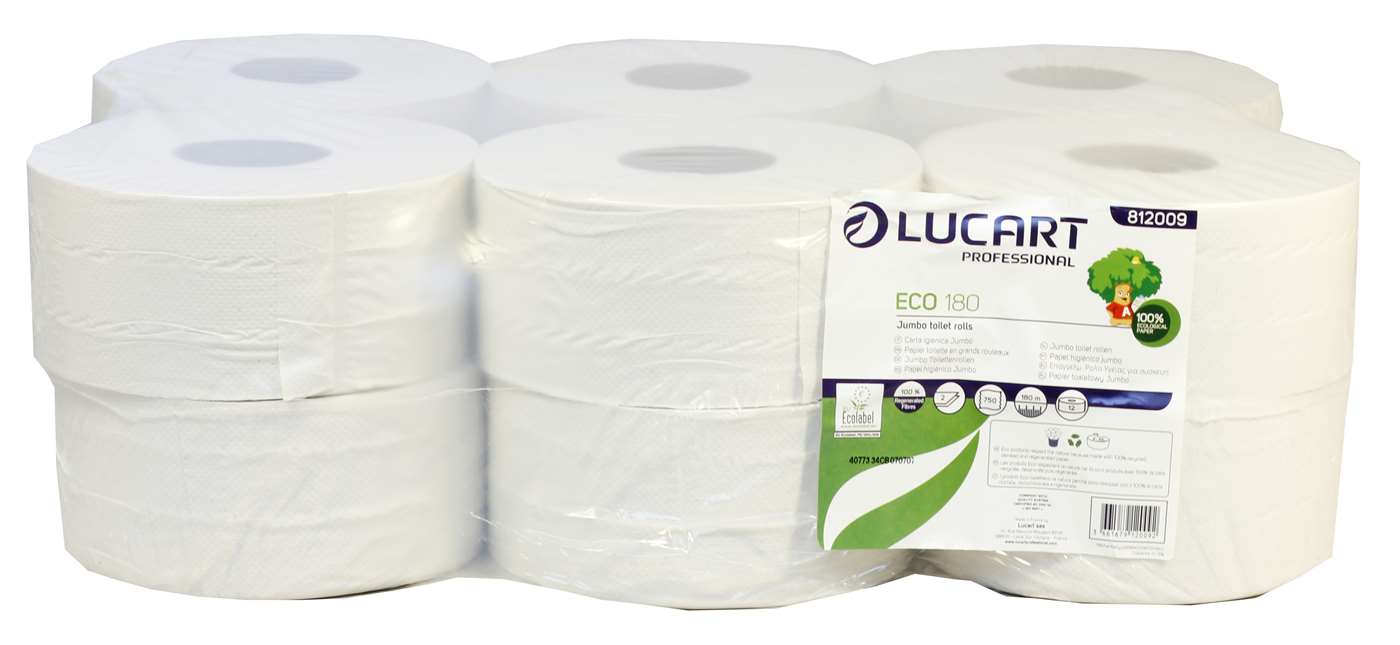 Lucart Eco Mini Jumbo Toilet Rolls 180m (60mm core) 812009 100% recycled 2 ply white tissue, packed 12 rolls per outer