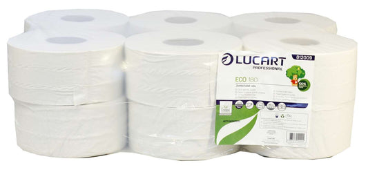 Lucart Eco Mini Jumbo Toilet Rolls 180m (60mm core) 812009 100% recycled 2 ply white tissue, packed 12 rolls per outer