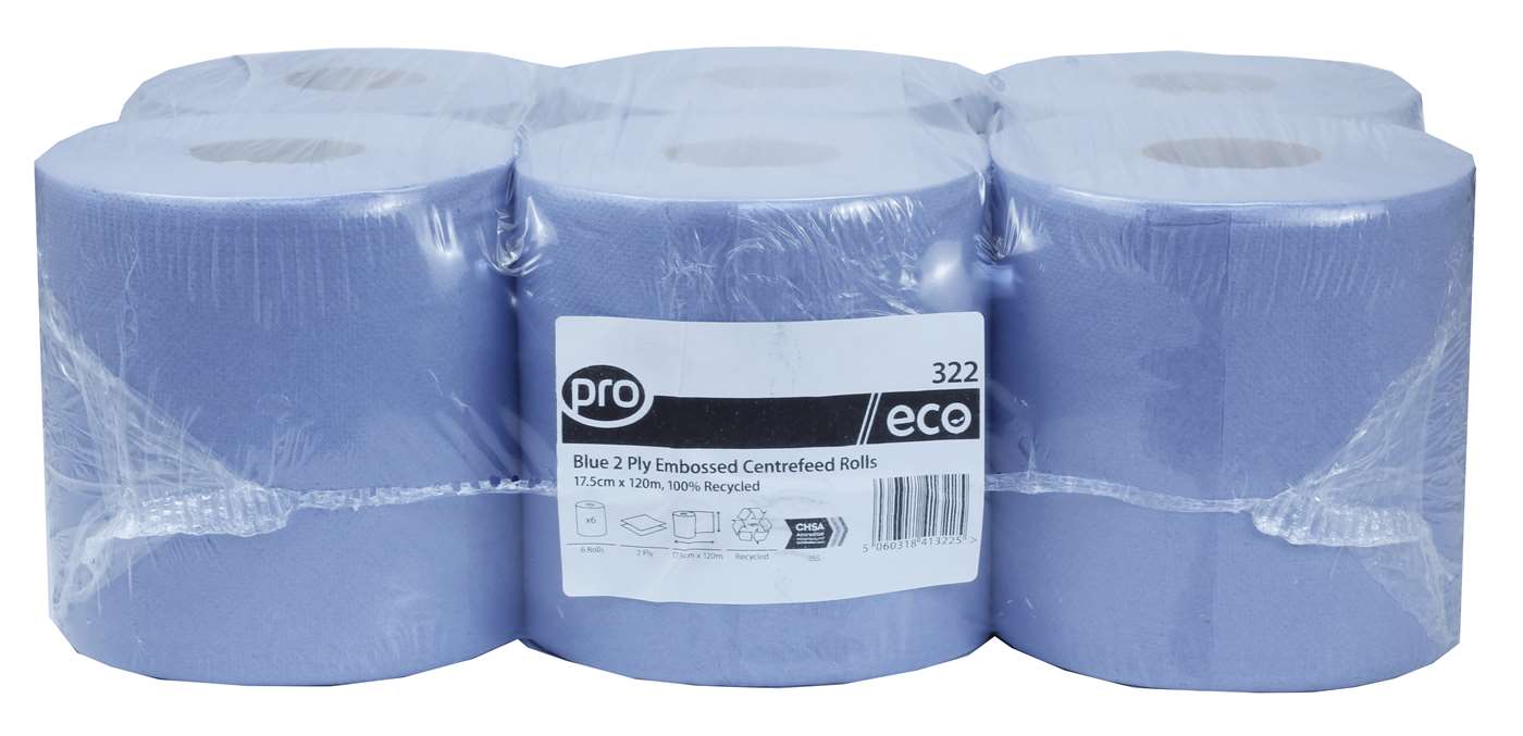 Blue 2 Ply Centrefeed Roll 17.5cm x 120m Embossed roll, ideal for food preparation