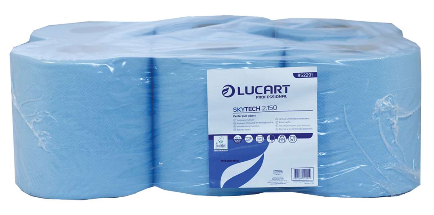 SkyTech 2 Ply Blue Centrefeed Roll 20cm x 150m Perforated 429 sheets per roll, glued and embossed quality tissue, with easy snap perforations