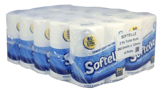 Softelle Luxury 2 Ply Toilet Rolls 260 Sheet A quality glued and embossed toilet tissue made from pure pulp packed in fours